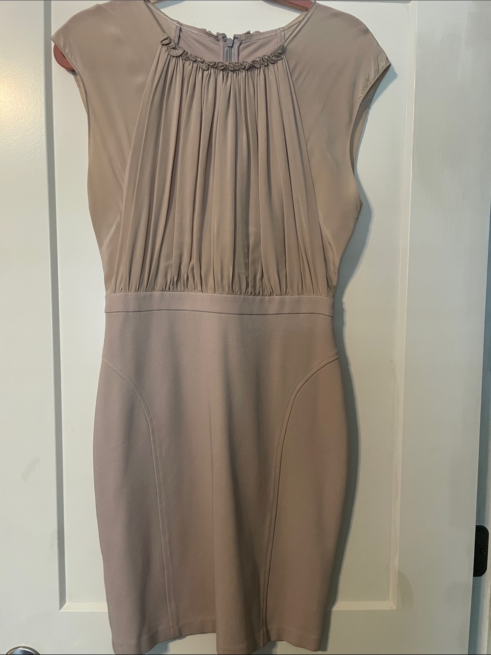 Trina Turk Taupe Pleated-Front Sheath Dress